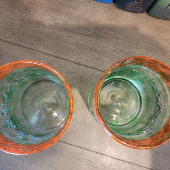 Handmade and Hand Blown Art Glass Lowball colorful set of 2 glasses. - Picture 2 of 9